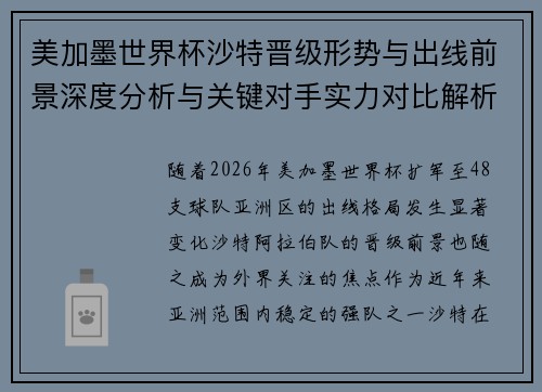 美加墨世界杯沙特晋级形势与出线前景深度分析与关键对手实力对比解析