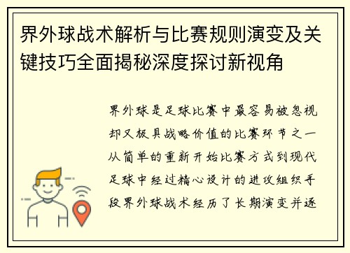 界外球战术解析与比赛规则演变及关键技巧全面揭秘深度探讨新视角